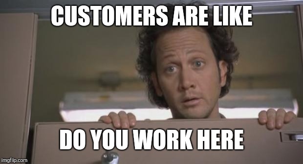 Rob Schnieder Bathroom | CUSTOMERS ARE LIKE DO YOU WORK HERE | image tagged in rob schnieder bathroom | made w/ Imgflip meme maker