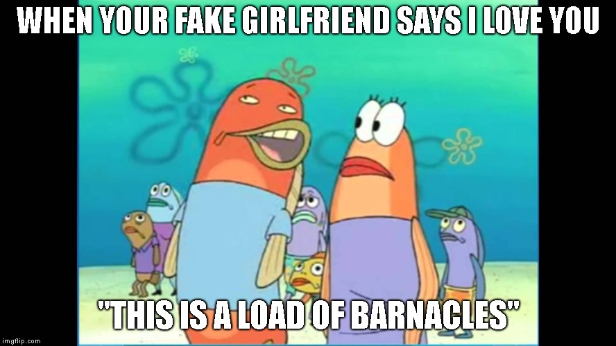 Load of Barnacles | WHEN YOUR FAKE GIRLFRIEND SAYS I LOVE YOU; "THIS IS A LOAD OF BARNACLES" | image tagged in load of barnacles | made w/ Imgflip meme maker