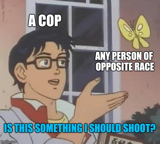 Is this bad? Yes. | A COP; ANY PERSON OF OPPOSITE RACE; IS THIS SOMETHING I SHOULD SHOOT? | image tagged in memes,is this a pigeon,terrible,funny | made w/ Imgflip meme maker