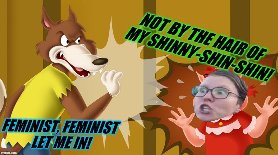 He fuffed, and he puffed and he blew the house in!  | NOT BY THE HAIR OF MY SHINNY-SHIN-SHIN! FEMINIST, FEMINIST LET ME IN! | image tagged in big bad wolf,leg hair combers,nixieknox | made w/ Imgflip meme maker