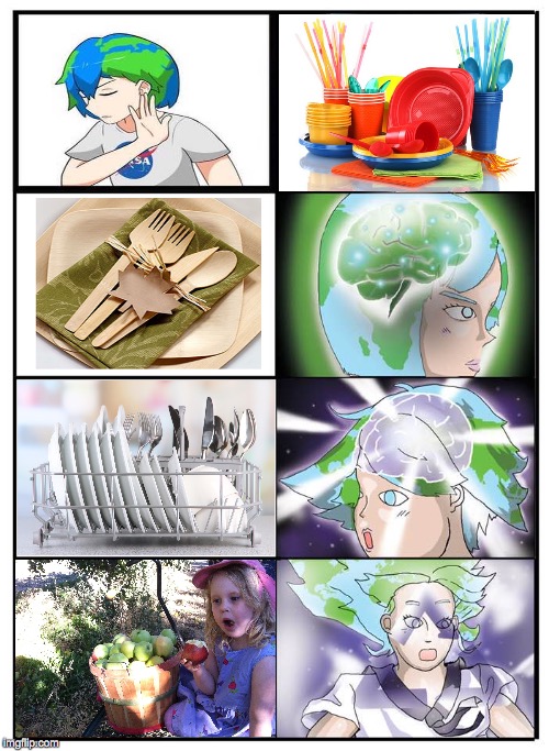 How To Explode Earth Chan's Mind | image tagged in earth chan,expanding brain,dishes,cutlery,foraging | made w/ Imgflip meme maker