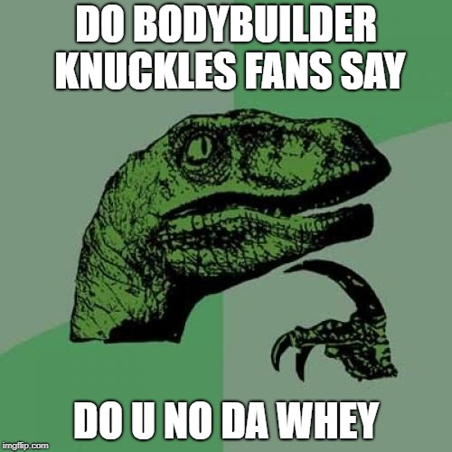 Philosoraptor | DO BODYBUILDER KNUCKLES FANS SAY; DO U NO DA WHEY | image tagged in memes,philosoraptor | made w/ Imgflip meme maker