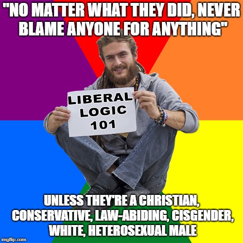 Liberal Logic 101 | "NO MATTER WHAT THEY DID, NEVER BLAME ANYONE FOR ANYTHING"; UNLESS THEY'RE A CHRISTIAN, CONSERVATIVE, LAW-ABIDING, CISGENDER, WHITE, HETEROSEXUAL MALE | image tagged in liberal logic 101 | made w/ Imgflip meme maker
