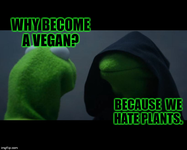 Evil Kermit Meme | WHY BECOME A VEGAN? BECAUSE  WE HATE PLANTS. | image tagged in evil kermit meme | made w/ Imgflip meme maker