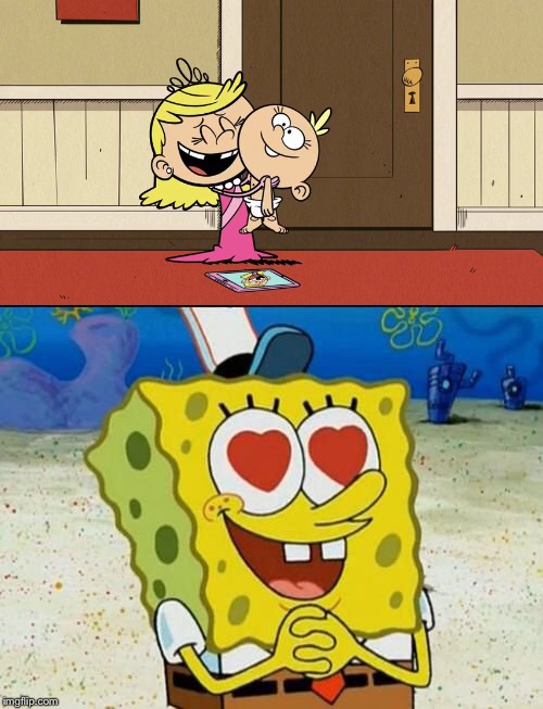 SpongeBob's reaction to Lola hugging Lily  | image tagged in spongebob squarepants,hearts,hugging,the loud house,nickelodeon,cartoons | made w/ Imgflip meme maker