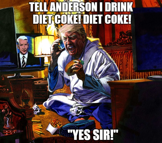 Only slightly fake news | TELL ANDERSON I DRINK DIET COKE! DIET COKE! "YES SIR!" | image tagged in memes,funny memes,donald trump memes,trump meme,donald trump is an idiot,trump is a moron | made w/ Imgflip meme maker