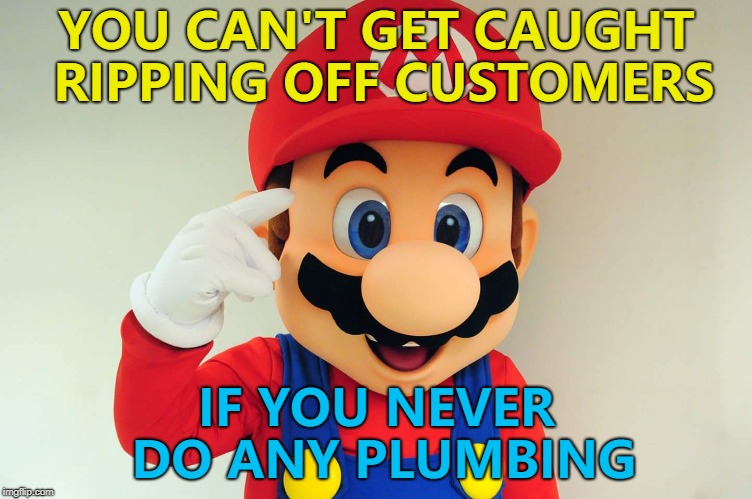 Has he ever done ANY plumbing? :) | YOU CAN'T GET CAUGHT RIPPING OFF CUSTOMERS; IF YOU NEVER DO ANY PLUMBING | image tagged in rollsafemario,memes,roll safe mario,plumbing,super mario,video games | made w/ Imgflip meme maker