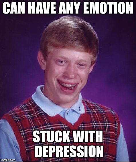 Insert Title Here | CAN HAVE ANY EMOTION; STUCK WITH DEPRESSION | image tagged in memes,bad luck brian,depression | made w/ Imgflip meme maker