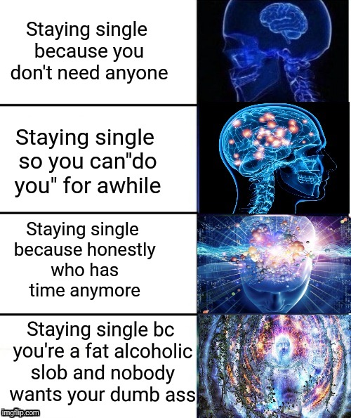Staying single | Staying single because you don't need anyone; Staying single so you can"do you" for awhile; Staying single because honestly who has time anymore; Staying single bc you're a fat alcoholic slob and nobody wants your dumb ass | image tagged in expanding brain v40,memes,expanding brain,single,funny | made w/ Imgflip meme maker