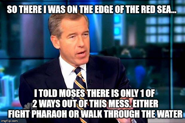 Brian Williams Was There 2 |  SO THERE I WAS ON THE EDGE OF THE RED SEA... I TOLD MOSES THERE IS ONLY 1 OF 2 WAYS OUT OF THIS MESS. EITHER FIGHT PHARAOH OR WALK THROUGH THE WATER | image tagged in memes,brian williams was there 2 | made w/ Imgflip meme maker