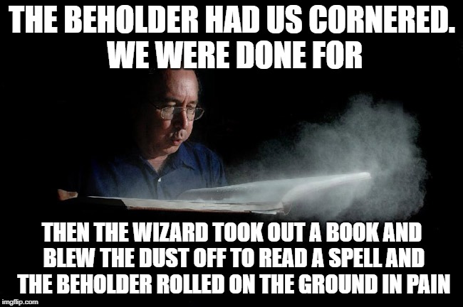 DUST | THE BEHOLDER HAD US CORNERED. WE WERE DONE FOR; THEN THE WIZARD TOOK OUT A BOOK AND BLEW THE DUST OFF TO READ A SPELL AND THE BEHOLDER ROLLED ON THE GROUND IN PAIN | image tagged in dust | made w/ Imgflip meme maker