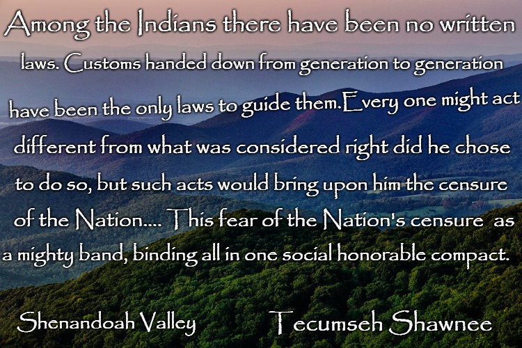 Tecumseh Shawnee | Among the Indians there have been no written; laws. Customs handed down from generation to generation; have been the only laws to guide them.Every one might act; different from what was considered right did he chose; to do so, but such acts would bring upon him the censure; of the Nation.... This fear of the Nation's censure  as; a mighty band, binding all in one social honorable compact. Tecumseh Shawnee; Shenandoah Valley | image tagged in native american,native americans,tribe,chief,indian chief,indians | made w/ Imgflip meme maker