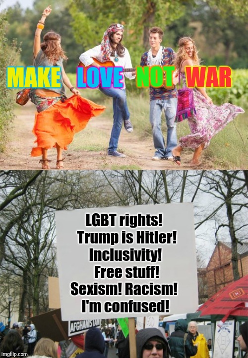 Wow. Glad we've evolved | WAR; LOVE; NOT; MAKE; LGBT rights!  Trump is Hitler! Inclusivity! 
Free stuff! Sexism! Racism!
 I'm confused! | image tagged in protesters | made w/ Imgflip meme maker