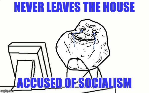 Forever alone | NEVER LEAVES THE HOUSE; ACCUSED OF SOCIALISM | image tagged in forever alone pc,forever alone | made w/ Imgflip meme maker