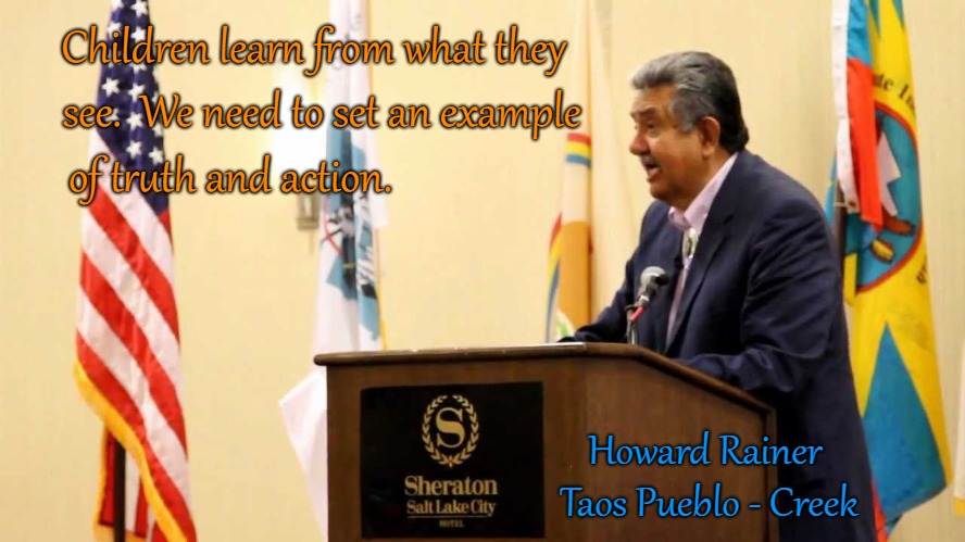 Howard Rainer Taos Pueblo - Creek | Children learn from what they; see.  We need to set an example; of truth and action. Howard Rainer Taos Pueblo - Creek | image tagged in native american,native americans,tribe,chief,indian chief,indians | made w/ Imgflip meme maker