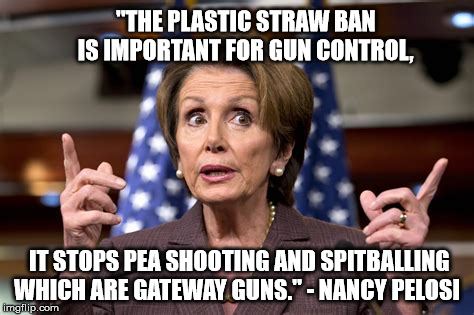 Good ol' Nancy | "THE PLASTIC STRAW BAN IS IMPORTANT FOR GUN CONTROL, IT STOPS PEA SHOOTING AND SPITBALLING WHICH ARE GATEWAY GUNS." - NANCY PELOSI | image tagged in plastic straws | made w/ Imgflip meme maker