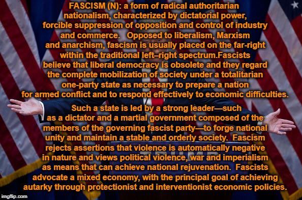 TL/DR: Donald Trump. | FASCISM (N): a form of radical authoritarian nationalism, characterized by dictatorial power, forcible suppression of opposition and control of industry and commerce. 

Opposed to liberalism, Marxism and anarchism, fascism is usually placed on the far-right within the traditional left–right spectrum.Fascists believe that liberal democracy is obsolete and they regard the complete mobilization of society under a totalitarian one-party state as necessary to prepare a nation for armed conflict and to respond effectively to economic difficulties. Such a state is led by a strong leader—such as a dictator and a martial government composed of the members of the governing fascist party—to forge national unity and maintain a stable and orderly society.

Fascism rejects assertions that violence is automatically negative in nature and views political violence, war and imperialism as means that can achieve national rejuvenation.

Fascists advocate a mixed economy, with the principal goal of achieving autarky through protectionist and interventionist economic policies. | image tagged in donald trump,fascism,america | made w/ Imgflip meme maker