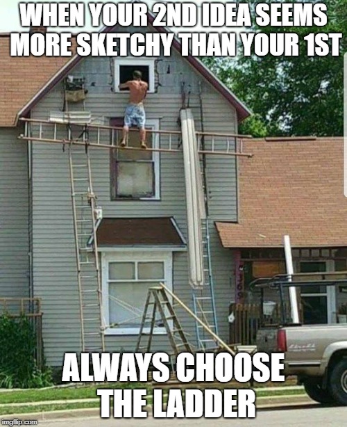 Decisions | WHEN YOUR 2ND IDEA SEEMS MORE SKETCHY THAN YOUR 1ST; ALWAYS CHOOSE THE LADDER | image tagged in funny memes | made w/ Imgflip meme maker