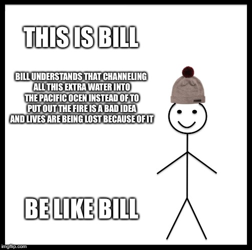 Be Like Bill Meme | THIS IS BILL; BILL UNDERSTANDS THAT CHANNELING ALL THIS EXTRA WATER INTO THE PACIFIC OCEN INSTEAD OF TO PUT OUT THE FIRE IS A BAD IDEA AND LIVES ARE BEING LOST BECAUSE OF IT; BE LIKE BILL | image tagged in memes,be like bill | made w/ Imgflip meme maker