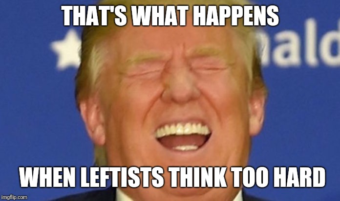 Trump laughing | THAT'S WHAT HAPPENS WHEN LEFTISTS THINK TOO HARD | image tagged in trump laughing | made w/ Imgflip meme maker