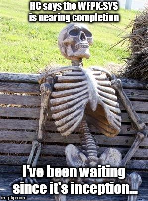 Waiting Skeleton | HC says the WFPK:SYS is nearing completion; I've been waiting since it's inception... | image tagged in memes,waiting skeleton | made w/ Imgflip meme maker