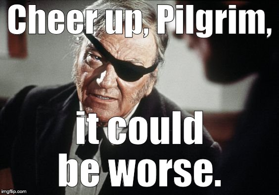 Being a Libertarian down in his bones, Rooster doesn't give or take advice often or lightly. These are powerfully useful words.  | Cheer up, Pilgrim, it could be worse. | image tagged in john wayne,cheer up pilgrim,things could be worse,duke,rooster cogburn,douglie | made w/ Imgflip meme maker
