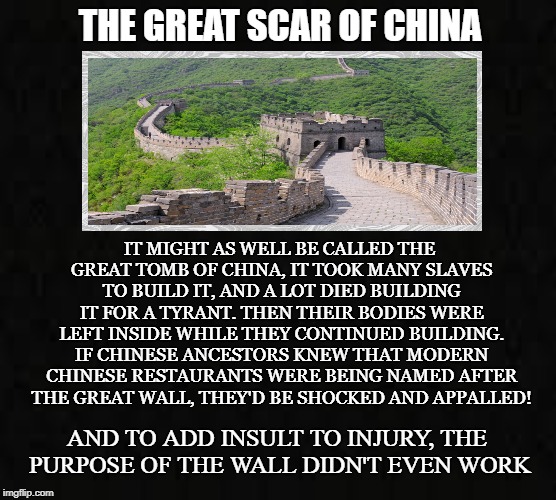 Scars of Slavery | THE GREAT SCAR OF CHINA; IT MIGHT AS WELL BE CALLED THE GREAT TOMB OF CHINA, IT TOOK MANY SLAVES TO BUILD IT, AND A LOT DIED BUILDING IT FOR A TYRANT. THEN THEIR BODIES WERE LEFT INSIDE WHILE THEY CONTINUED BUILDING. IF CHINESE ANCESTORS KNEW THAT MODERN CHINESE RESTAURANTS WERE BEING NAMED AFTER THE GREAT WALL, THEY'D BE SHOCKED AND APPALLED! AND TO ADD INSULT TO INJURY, THE PURPOSE OF THE WALL DIDN'T EVEN WORK | image tagged in the great wall of china,chinese emperor,tyranny,scar,tomb,border wall | made w/ Imgflip meme maker