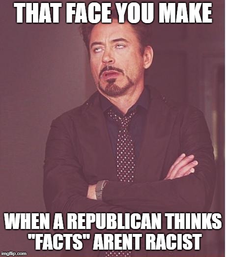 Face You Make Robert Downey Jr | THAT FACE YOU MAKE; WHEN A REPUBLICAN THINKS "FACTS" ARENT RACIST | image tagged in memes,face you make robert downey jr | made w/ Imgflip meme maker