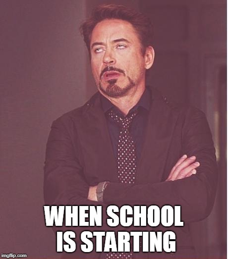 Face You Make Robert Downey Jr Meme | WHEN SCHOOL IS STARTING | image tagged in memes,face you make robert downey jr | made w/ Imgflip meme maker