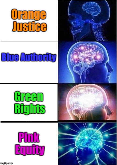 Expanding Brain Meme | Orange Justice; Blue Authority; Green Rights; Pink Equity | image tagged in memes,expanding brain | made w/ Imgflip meme maker