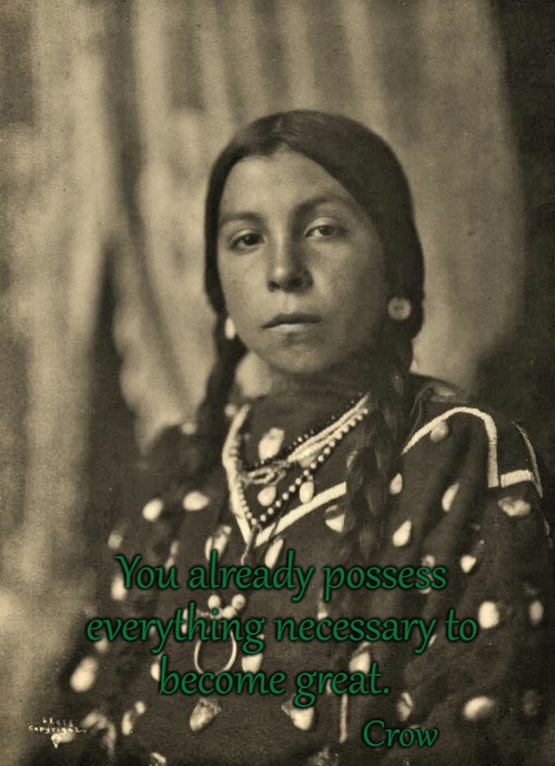 Crow Wisdom | You already possess; everything necessary to; become great. Crow | image tagged in native american,native americans,indian chief,chief,tribe,indians | made w/ Imgflip meme maker
