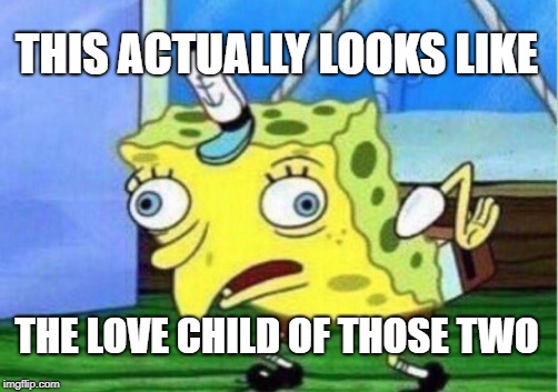 Mocking Spongebob Meme | THIS ACTUALLY LOOKS LIKE THE LOVE CHILD OF THOSE TWO | image tagged in memes,mocking spongebob | made w/ Imgflip meme maker
