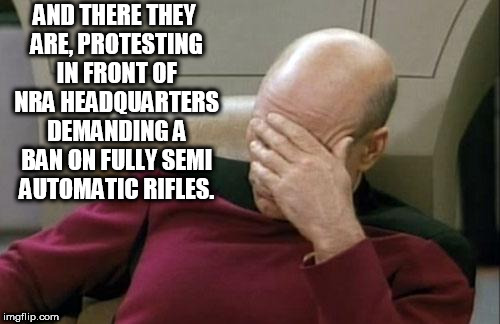 You Can't Make This Sh*t Up | AND THERE THEY ARE, PROTESTING IN FRONT OF NRA HEADQUARTERS DEMANDING A BAN ON FULLY SEMI AUTOMATIC RIFLES. | image tagged in memes,captain picard facepalm | made w/ Imgflip meme maker