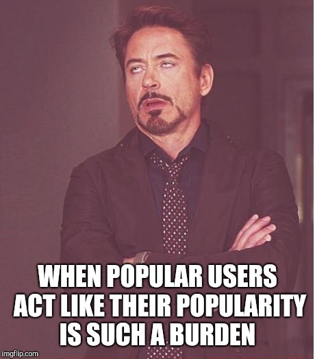 Face You Make Robert Downey Jr Meme | WHEN POPULAR USERS ACT LIKE THEIR POPULARITY IS SUCH A BURDEN | image tagged in memes,face you make robert downey jr | made w/ Imgflip meme maker