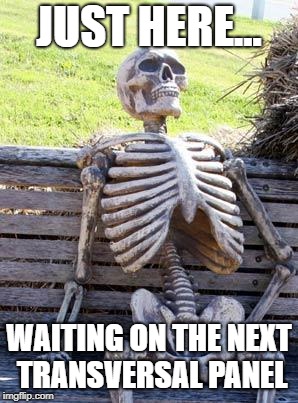 Waiting Skeleton | JUST HERE... WAITING ON THE NEXT TRANSVERSAL PANEL | image tagged in memes,waiting skeleton | made w/ Imgflip meme maker