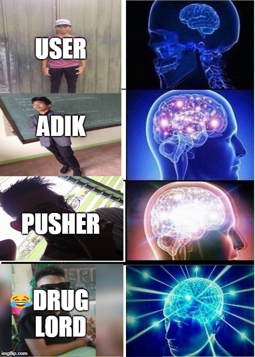 Expanding Brain Meme | USER; ADIK; PUSHER; DRUG LORD | image tagged in memes,expanding brain | made w/ Imgflip meme maker