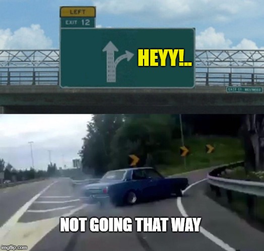 Left Exit 12 Off Ramp Meme | HEYY!.. NOT GOING THAT WAY | image tagged in memes,left exit 12 off ramp | made w/ Imgflip meme maker