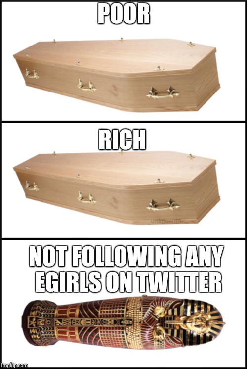 coffin | POOR; RICH; NOT FOLLOWING ANY EGIRLS ON TWITTER | image tagged in coffin | made w/ Imgflip meme maker