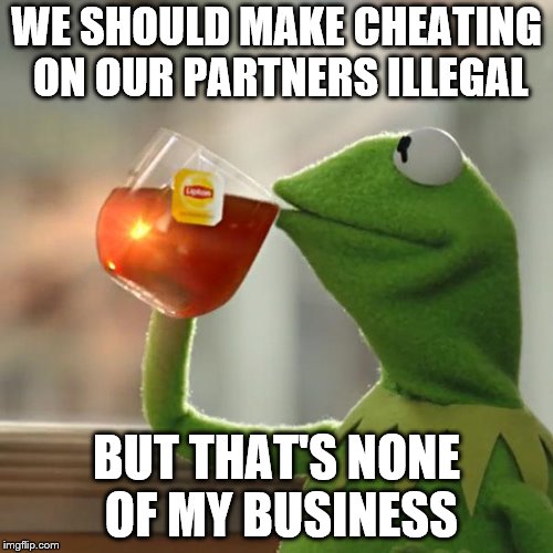 Cheating on our partners is no good, but that's.. | WE SHOULD MAKE CHEATING ON OUR PARTNERS ILLEGAL; BUT THAT'S NONE OF MY BUSINESS | image tagged in memes,but thats none of my business,kermit the frog | made w/ Imgflip meme maker