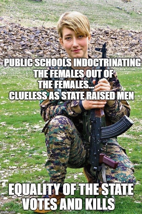 Anna Campbell | PUBLIC SCHOOLS INDOCTRINATING THE FEMALES OUT OF THE FEMALES...         CLUELESS AS STATE RAISED MEN; EQUALITY OF THE STATE VOTES AND KILLS | image tagged in anna campbell | made w/ Imgflip meme maker