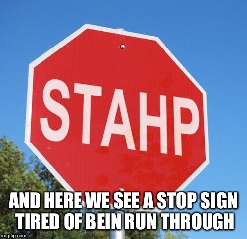 AND HERE WE SEE A STOP SIGN TIRED OF BEING RUN THROUGH | image tagged in stahp sign | made w/ Imgflip meme maker