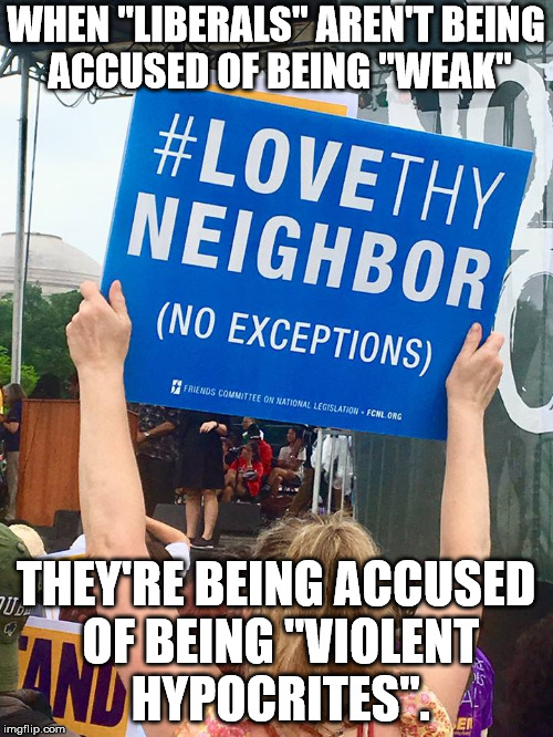 love is the law | WHEN "LIBERALS" AREN'T BEING ACCUSED OF BEING "WEAK" THEY'RE BEING ACCUSED OF BEING "VIOLENT HYPOCRITES". | image tagged in love is the law | made w/ Imgflip meme maker