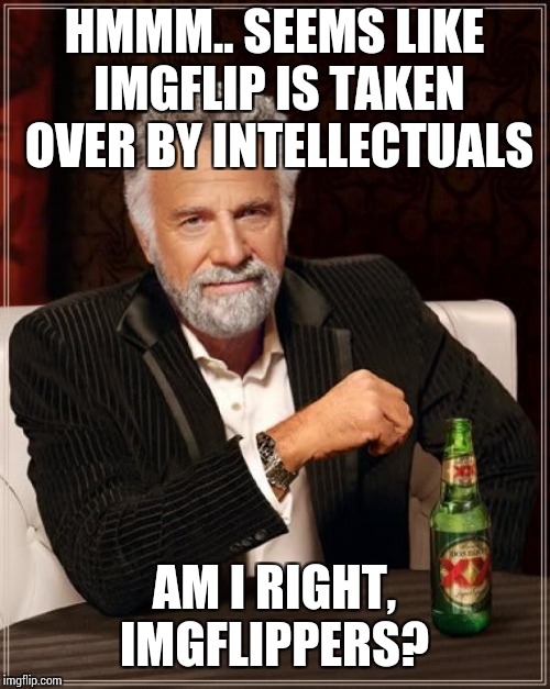 Hmmmm | HMMM.. SEEMS LIKE IMGFLIP IS TAKEN OVER BY INTELLECTUALS; AM I RIGHT, IMGFLIPPERS? | image tagged in memes,the most interesting man in the world | made w/ Imgflip meme maker