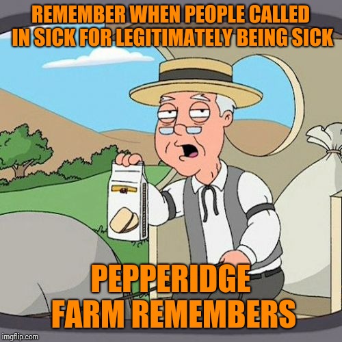 Pepperidge Farm Remembers Meme | REMEMBER WHEN PEOPLE CALLED IN SICK FOR LEGITIMATELY BEING SICK; PEPPERIDGE FARM REMEMBERS | image tagged in memes,pepperidge farm remembers | made w/ Imgflip meme maker
