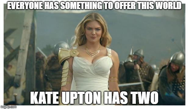 In a nutshell! | EVERYONE HAS SOMETHING TO OFFER THIS WORLD; KATE UPTON HAS TWO | image tagged in kate upton game of war,memes,funny,kate upton,boobs | made w/ Imgflip meme maker