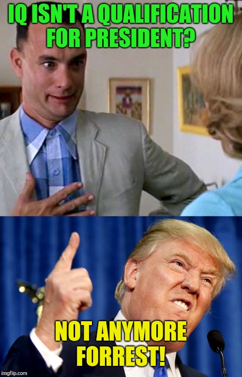 Forrest for president!  At least he cares about people!  | IQ ISN'T A QUALIFICATION FOR PRESIDENT? NOT ANYMORE FORREST! | image tagged in donald trump,forrest gump,republicans | made w/ Imgflip meme maker