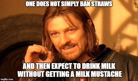One Does Not Simply Meme | ONE DOES NOT SIMPLY BAN STRAWS; AND THEN EXPECT TO DRINK MILK WITHOUT GETTING A MILK MUSTACHE | image tagged in memes,one does not simply | made w/ Imgflip meme maker