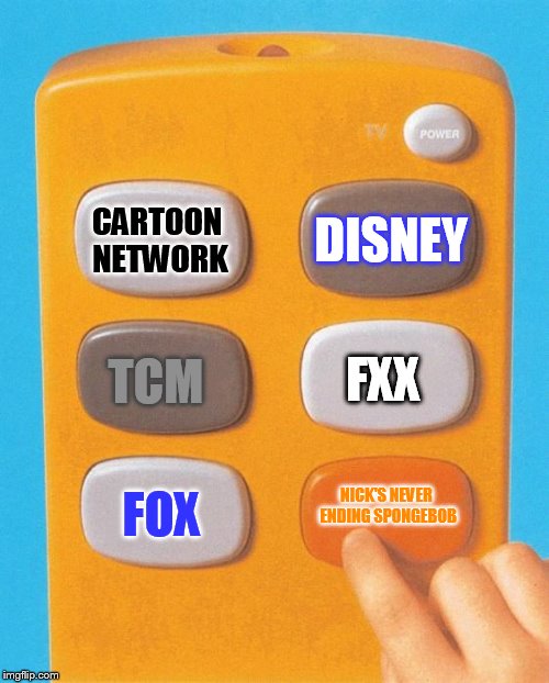 Nickelodeon remote | DISNEY; CARTOON NETWORK; FXX; TCM; NICK'S NEVER ENDING SPONGEBOB; FOX | image tagged in nickelodeon remote | made w/ Imgflip meme maker