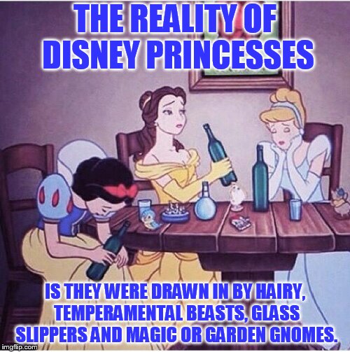Once upon a dream or once upon a high? LOL! | THE REALITY OF DISNEY PRINCESSES; IS THEY WERE DRAWN IN BY HAIRY, TEMPERAMENTAL BEASTS, GLASS SLIPPERS AND MAGIC OR GARDEN GNOMES. | image tagged in drunk disney | made w/ Imgflip meme maker