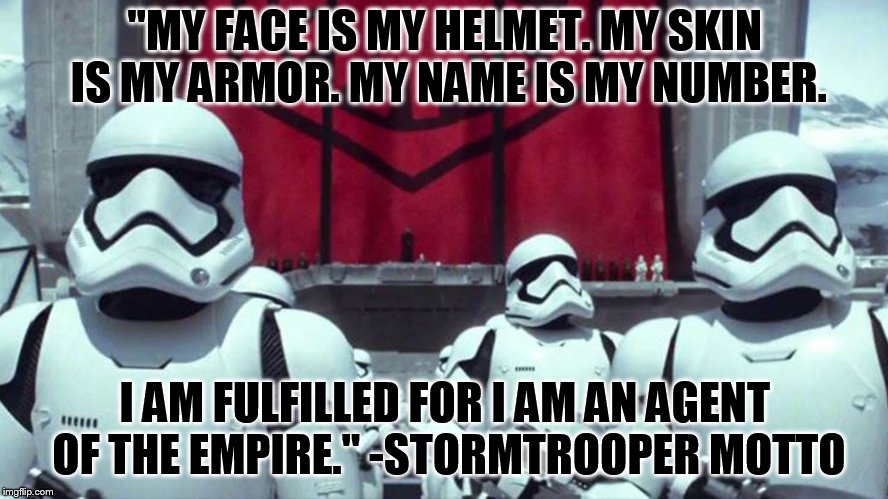 Disney CGI | "MY FACE IS MY HELMET. MY SKIN IS MY ARMOR. MY NAME IS MY NUMBER. I AM FULFILLED FOR I AM AN AGENT OF THE EMPIRE." -STORMTROOPER MOTTO | image tagged in disney cgi | made w/ Imgflip meme maker